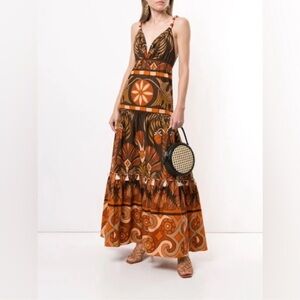 $1500 JOHANNA ORTIZ Brown Neptunian Flared Boho Maxi Dress, Size 8